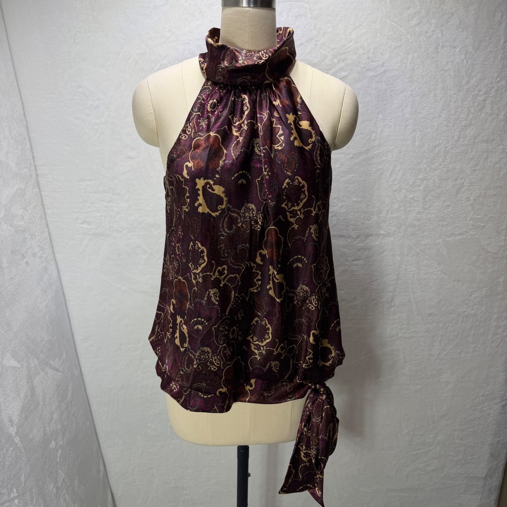 R&K Evening Womens Burgundy Gold Paisley Halter Neck Side Tie Blouse Medium